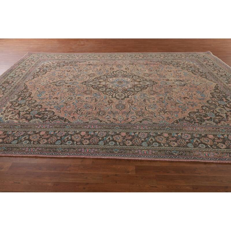 Traditional Pink Mashad Persian Vintage Rug Handmade Wool Carpet - 9'6"x 12'6"