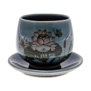 Novica Handmade Luxuriant Lotus In Blue Celadon Ceramic Cup And Saucer