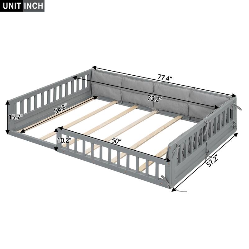 Wood Full Size Upholstered Platform Bed with Guardrail and Pillow