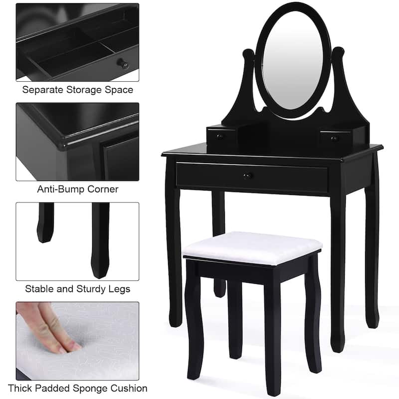 Costway Wooden Vanity Makeup Dressing Table Stool Set bathroom Black