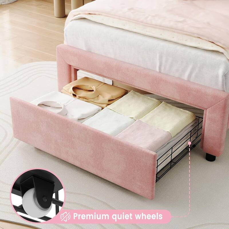 Twin Size Upholstered LED Velvet Platform Bed Frame with Bear-Shaped Headboard, Storage Drawer