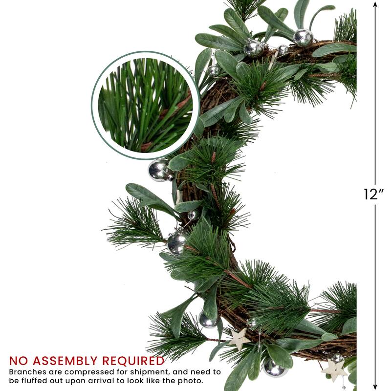 Pine Needle Silver Ball Ornament Artificial Christmas Wreath 12" Unlit