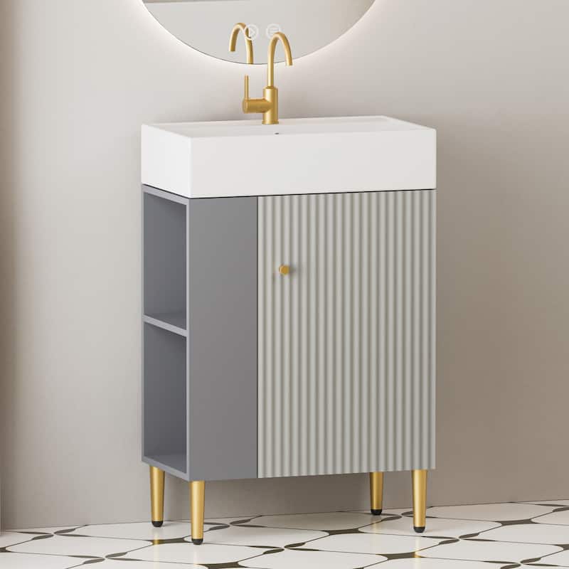 Small Bathroom Vanity with Sink, Narrow Depth Bathroom Vanities, Bathroom Cabinet with Open Side Shelves & Soft Closing Door - Matte Gray