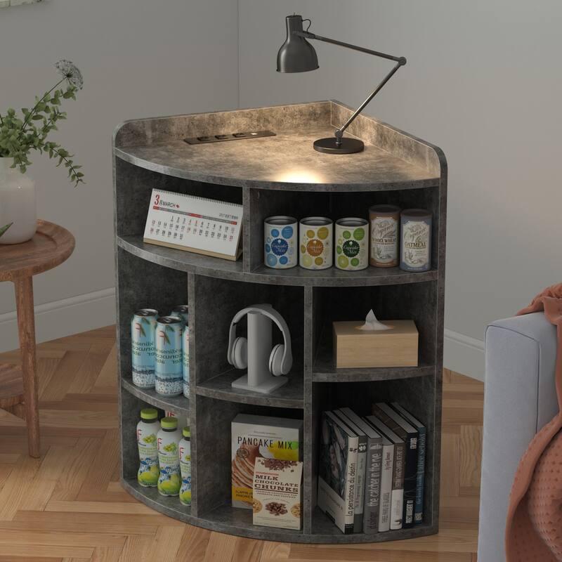VECELO 4-Tier Adjustable Corner Bookshelf with Charging Station 3 AC Outlets & 2 USB Ports Waterproof Eco-Friendly Design