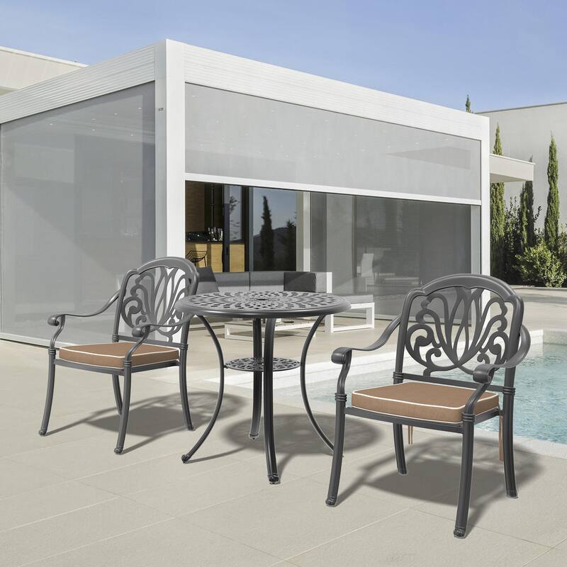 3/5-Piece Cast Aluminum Outdoor Dining Set with 30.71 in. Round Table and Random Color Cushions - Black(3-Piece Sets A)