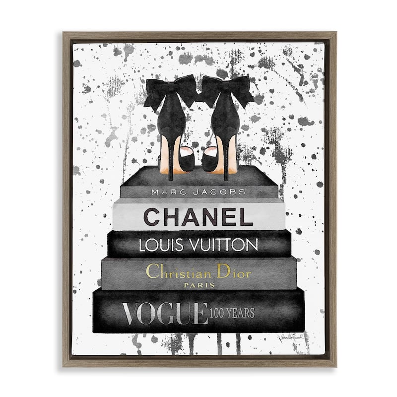 Stupell Glam Fashion Book Stack Grey Bow Pump Heels Ink Floater Frame - Black - 25 x 31 - Brown