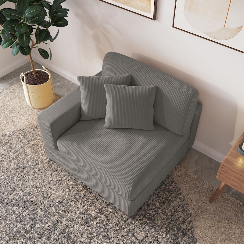 Upholstered Corduroy Modular Sectional Sofa with 2 throw pillows - Light Grey Arm Chair - Left Facing