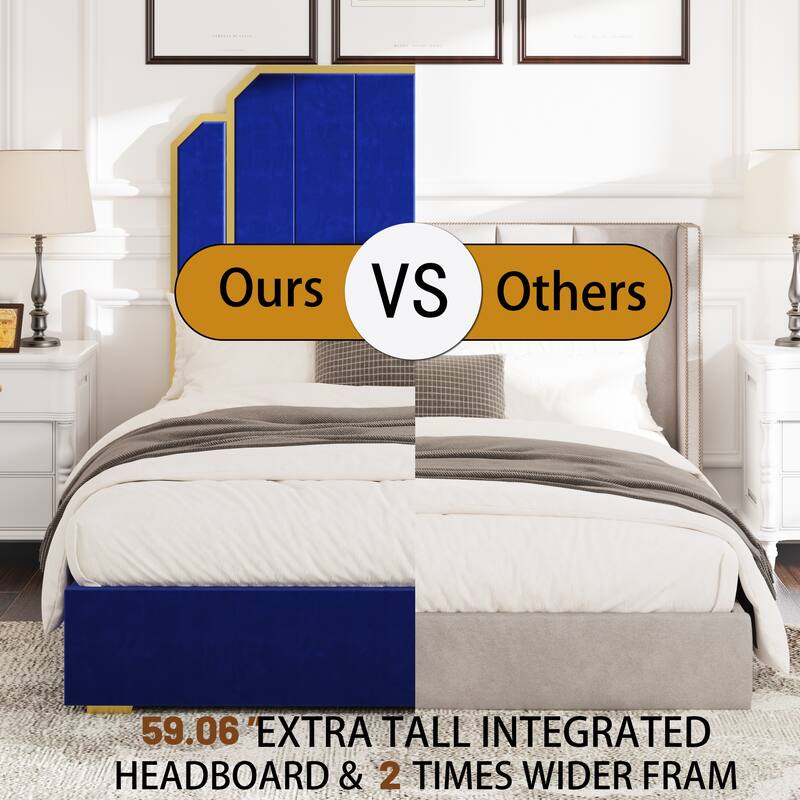Queen Size Bed Frame with Tall Headboard, Upholstered Platform Bed w/ Golden Plating Trim & Slats Support, No Box Spring Needed