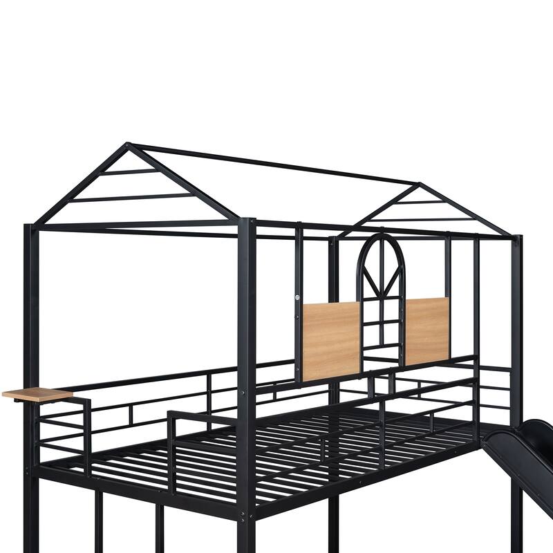 Twin Over Twin Metal Bunk Bed with Slide, Playhouse Design