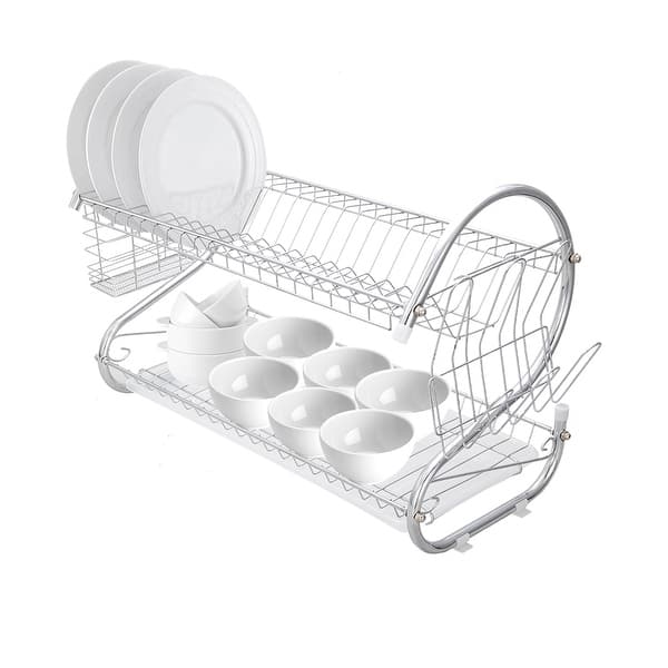 2 Tier Dish Drainer S-shaped Drying Rack Kitchen Storage - On Sale