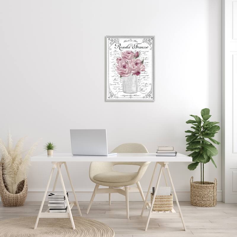 Stupell Pink Roses Bouquet French Words Fancy Script Background Framed Wall Art, Design by Lettered and Lined