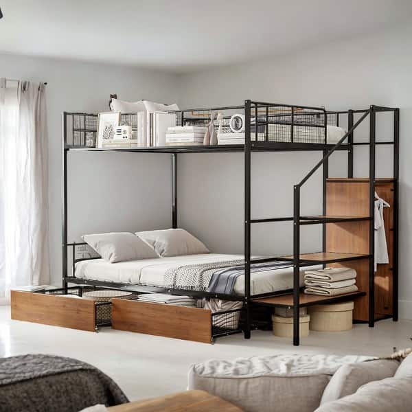 slide 2 of 16, Twin Over Full Metal Bunk Bed with Drawer and Lateral Storage Ladder for Kids Black