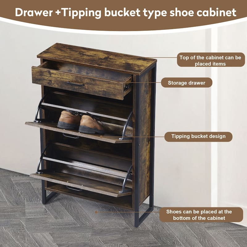 Wood Shoe Storage Cabinet for Entryway, 2 Flip Drawers Shoe Rack, Freestanding Hidden Shoe Organizer Holds up to 10 Pairs