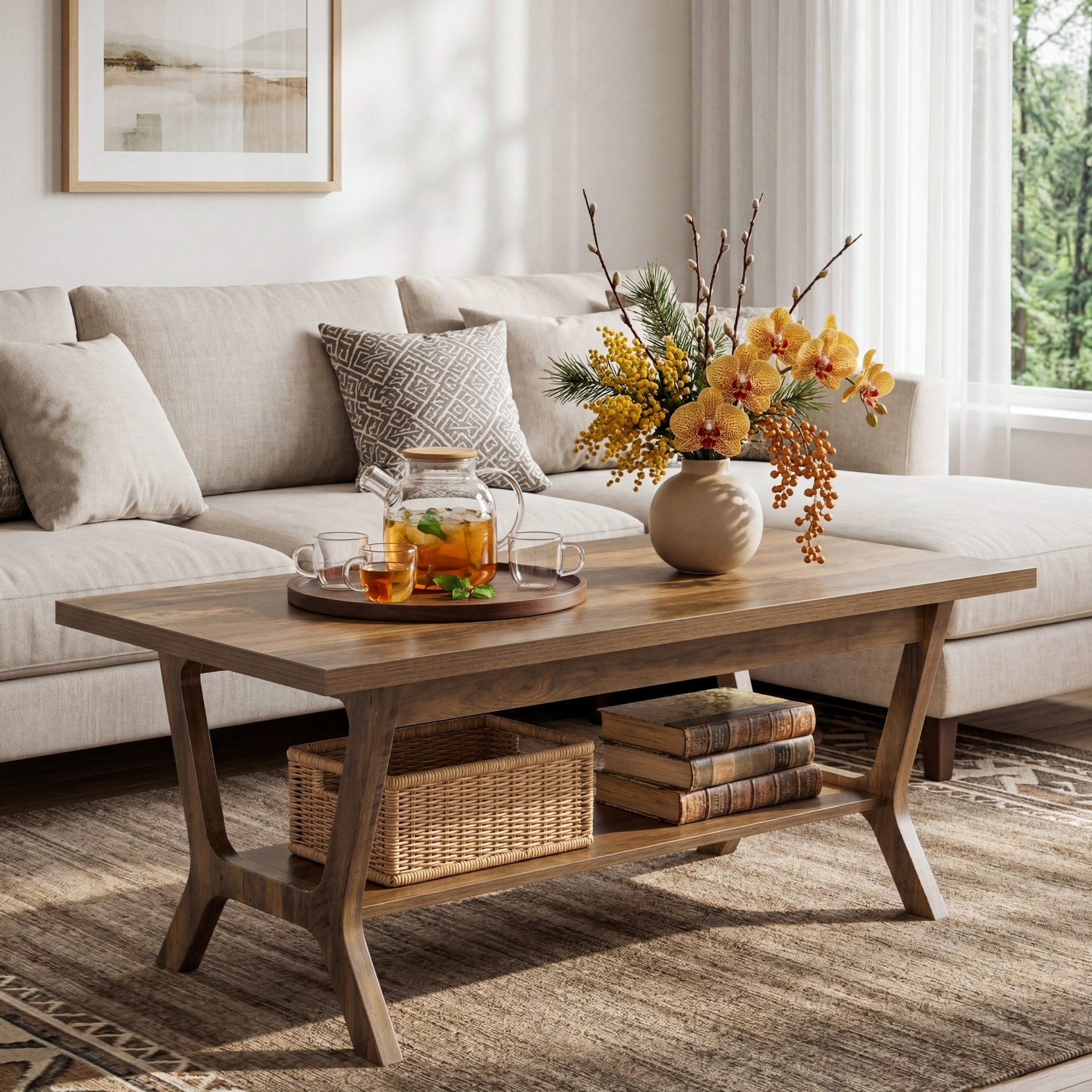 47.3" Rectangle Wood Coffee Tables for Living Room, Farmhouse Style - 47.24" L x 23.62" W x 19.69" H