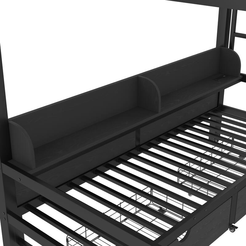 Twin XL over Twin XL Bunk Bed with Storage & Drawers, USB Ports & LED Lights, Convertible Sofa Lower Bed