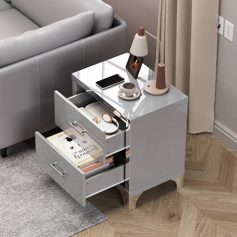 High Gloss Mirrored Nightstand with 2 Drawers,Modern End Table with Drawers,Mirrored High Gloss Wood Nightstand Metal Handle