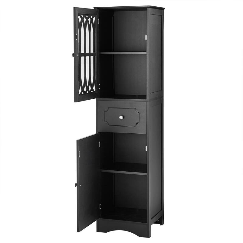 Tall Bathroom Cabinet, Freestanding Storage Cabinet, Wood Narrow Organizer with Adjustable Shelves, 1 Drawer & 2 Doors