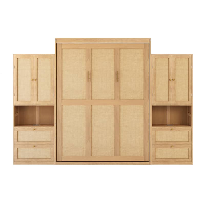 Foldable Bed Convert Cube Cabinet Rattan Murphy Bed Space-Saving Bed