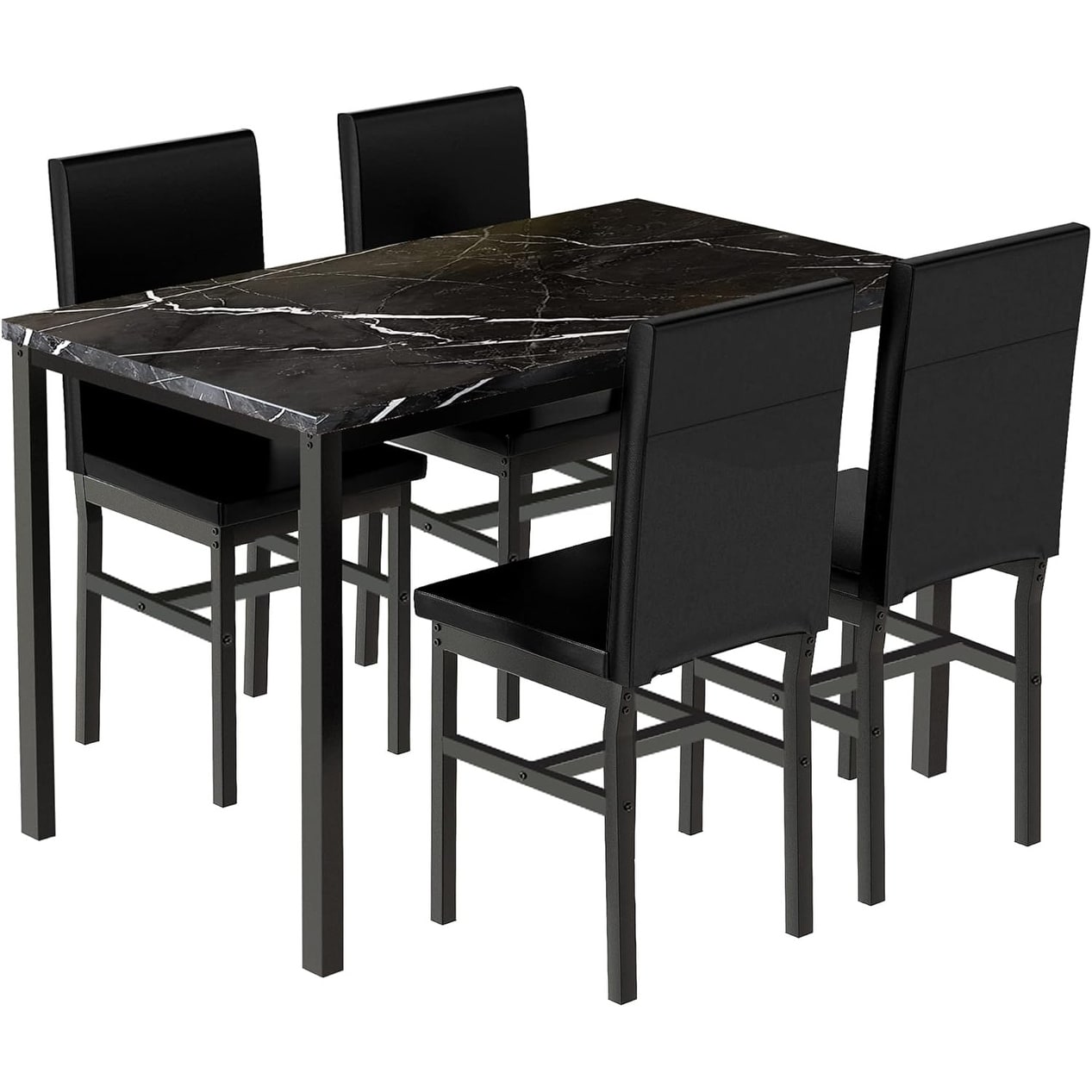 Modern Dining Table Set for 4 with Faux Marble Tabletop & 4 Leather Chairs, Black
