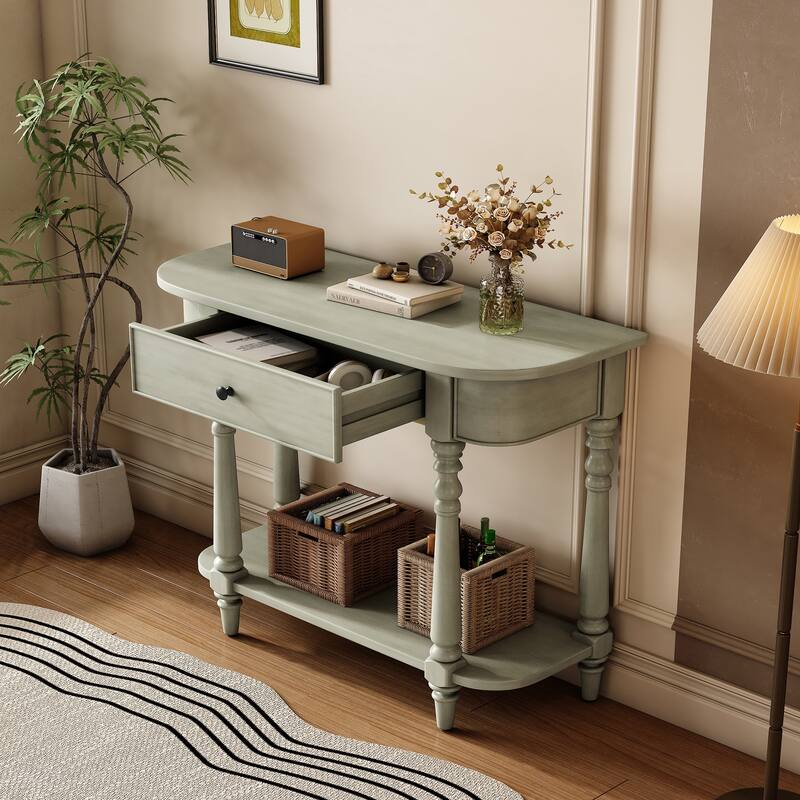 Narrow Console Table with Curved Corner, Retro Entryway Table with Top Drawer and Open Shelf