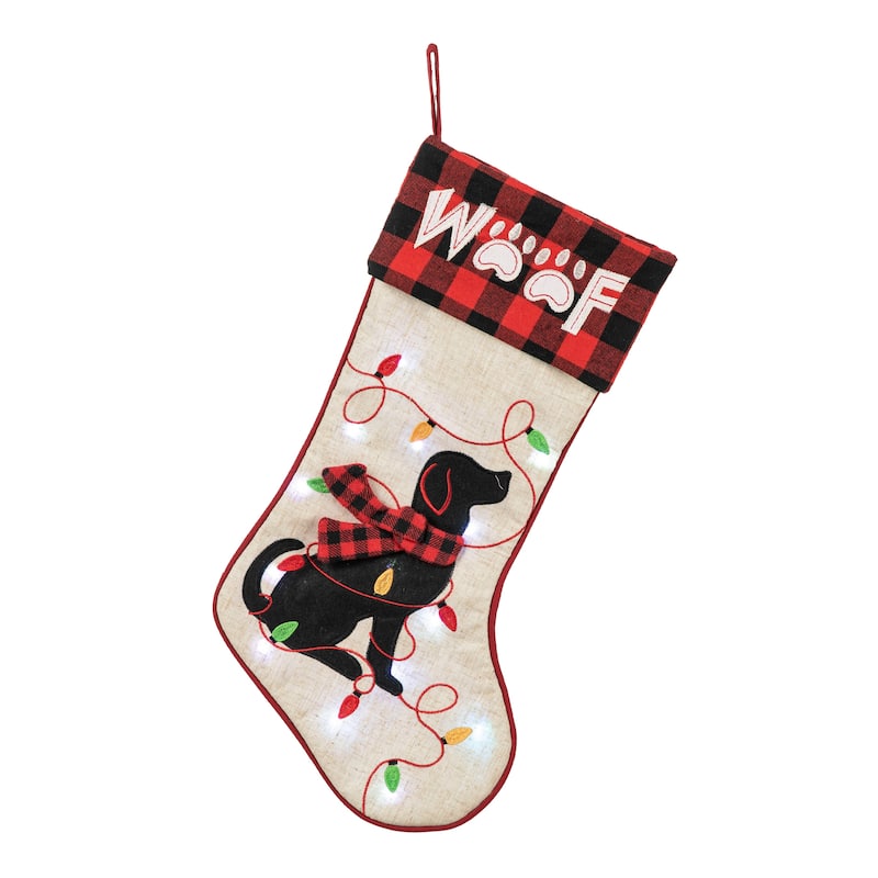 Glitzhome 21"L LED Embroidered Linen Reindeer Cat Dog Christmas Stockings - Dog