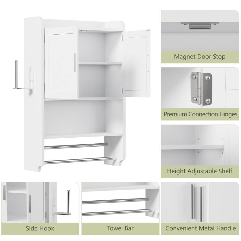 VECELO Bathroom Wall Cabinet Over Toilet Storage Cabinet Medicine Cabinet Space Saving with 2 Doors Open Shelves Towel Bars