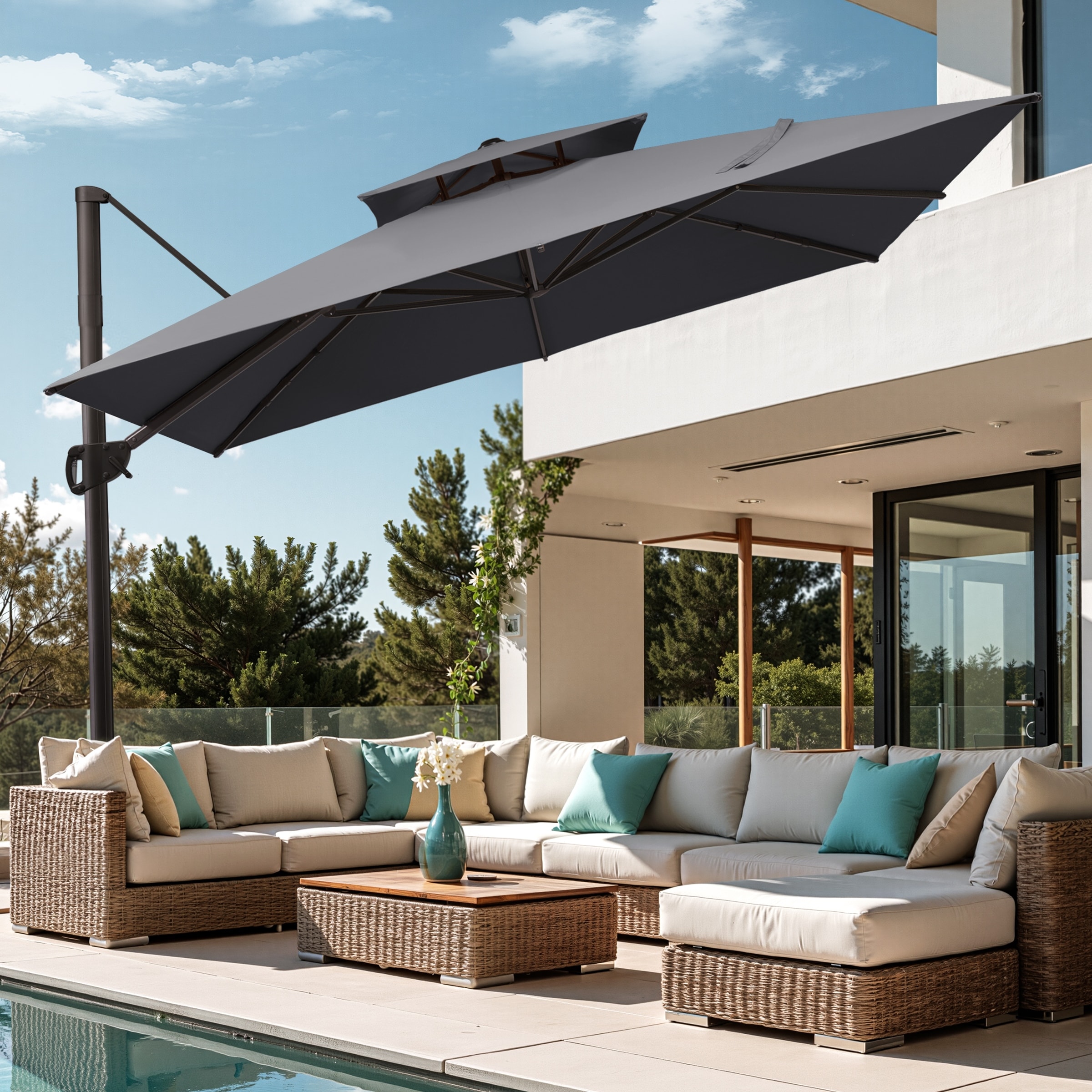 11 ft patio table umbrella Grand 10-Year-Non-Fading Patio Umbrella, Outdoor with 8 Faux-Wood Grain Aluminum Ribs, Market Umbrella with Pulley Lift, Ventilation, Waterproof for Poolside, Deck, Backyard, Gray Fabric : Patio button tilt feature lets you adjust the canopy angle as the sun moves throughout the day Abba Patio 11FT Lyon Outdoor