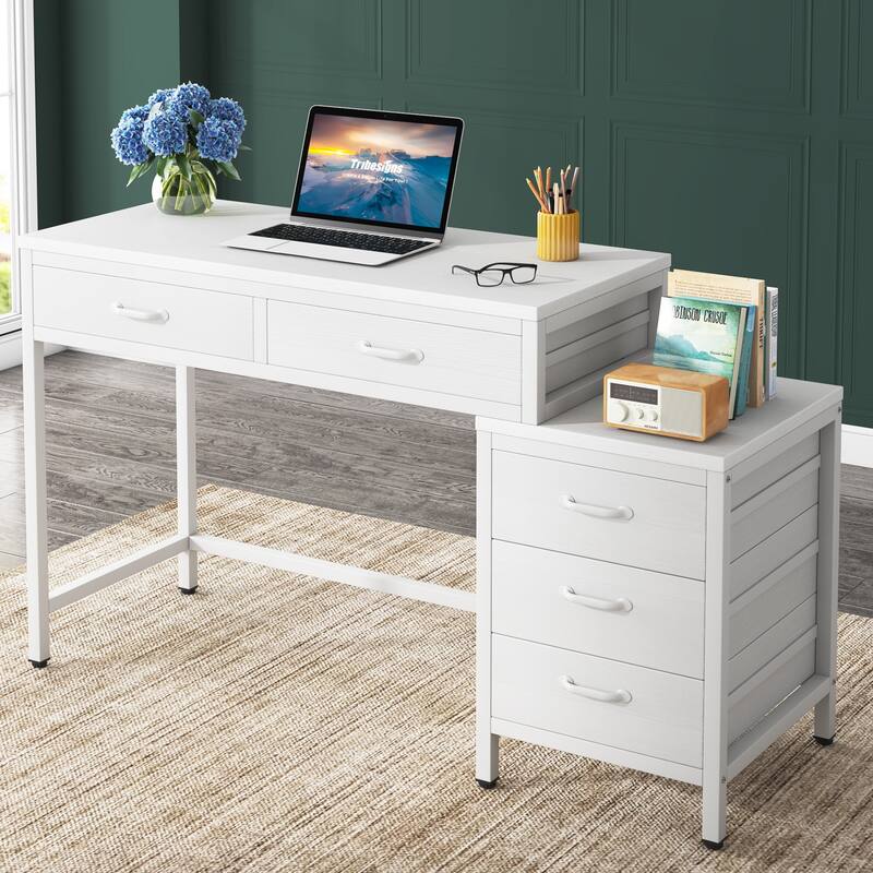 Modern Computer Desk with 5 Drawers, Home Office Desks with Reversible Drawer Cabinet Printer Stand