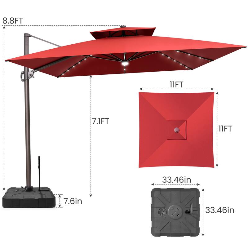 11 FT Outdoor Solar-Powered LED Light Aluminum Patio Cantilever Umbrella with Base