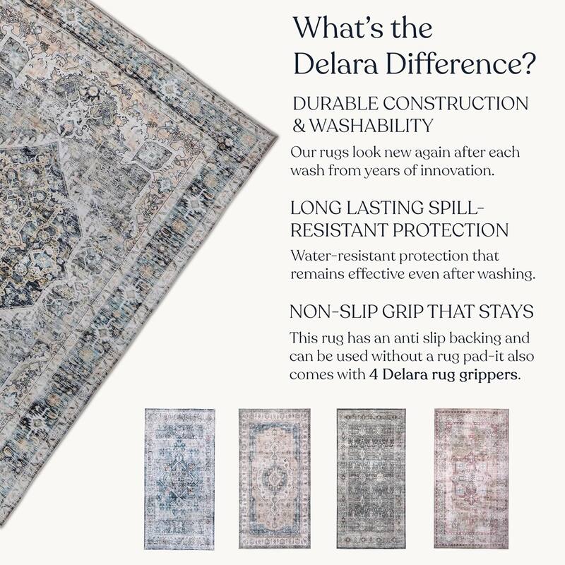 Delara Machine Washable Area Rug, Soft & Durable, Non-Slip Backing, Eco- Friendly GRS certified.