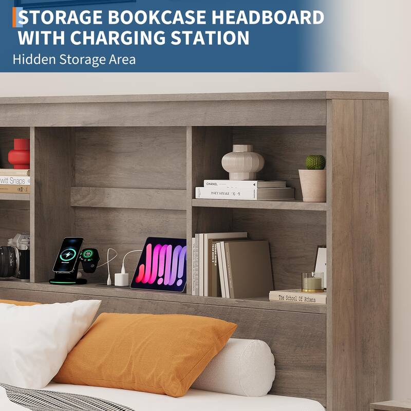 Full Size Bed Frame with High Storage Bookcase Headboard, Wood Bed Frame with 4 Storage Drawers