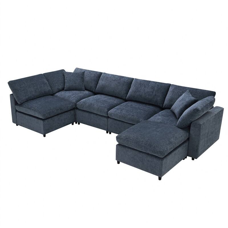 Modern Modular U-Shaped Sectional Sofa, Convertible Cloud Sleeper Sofa Bed, 6 Seat Chenille Sectional Couch Set with Ottoman