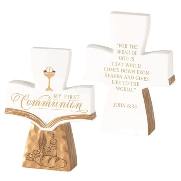 5" White and Gold "MY FIRST COMMUNION" Cross Shaped Tabletop Decor - N/A