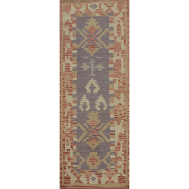 Hand Woven Oriental 100% Wool Carpet Southwestern Tribal Purples Kilim Runner Rug - 6' 1'' X 2' 2''