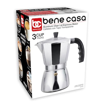 Bene Casa aluminum 3-cup espresso maker with see through lid, authentic espresso maker, - 3 Cup