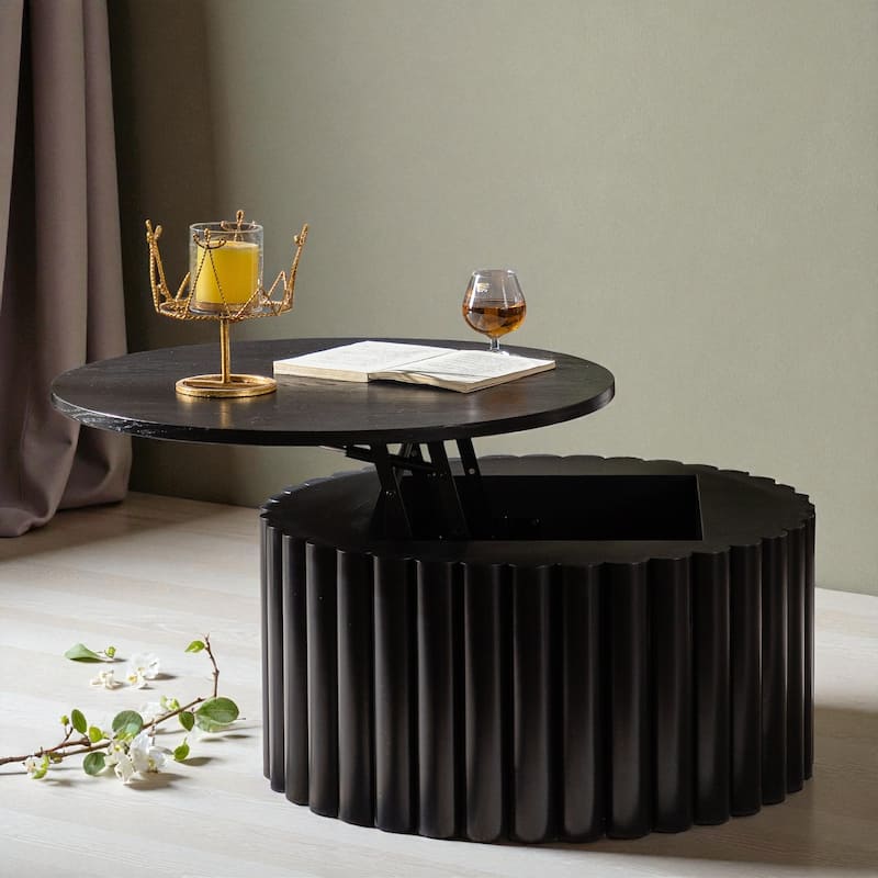 27.6'' Round Wooden Lift-Top Coffee Table with Hidden Storage, Handcrafted Relief Pedestal Tea Table for Living Room