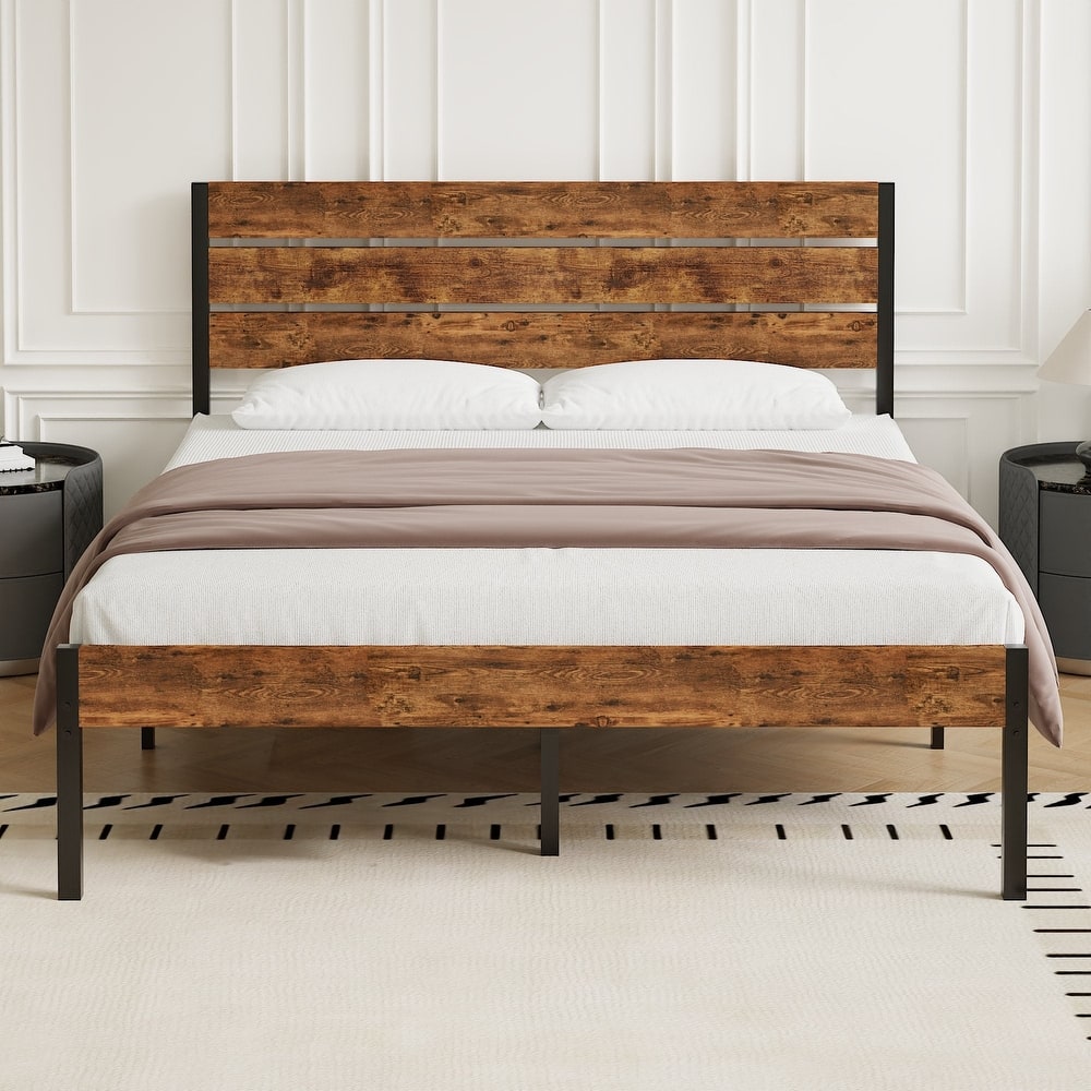 VECELO Industrial Wood Waterproof Headboard Bed Frame Quiet Heavy-Duty No Box Spring Needed Easy Assembly Bed Frame