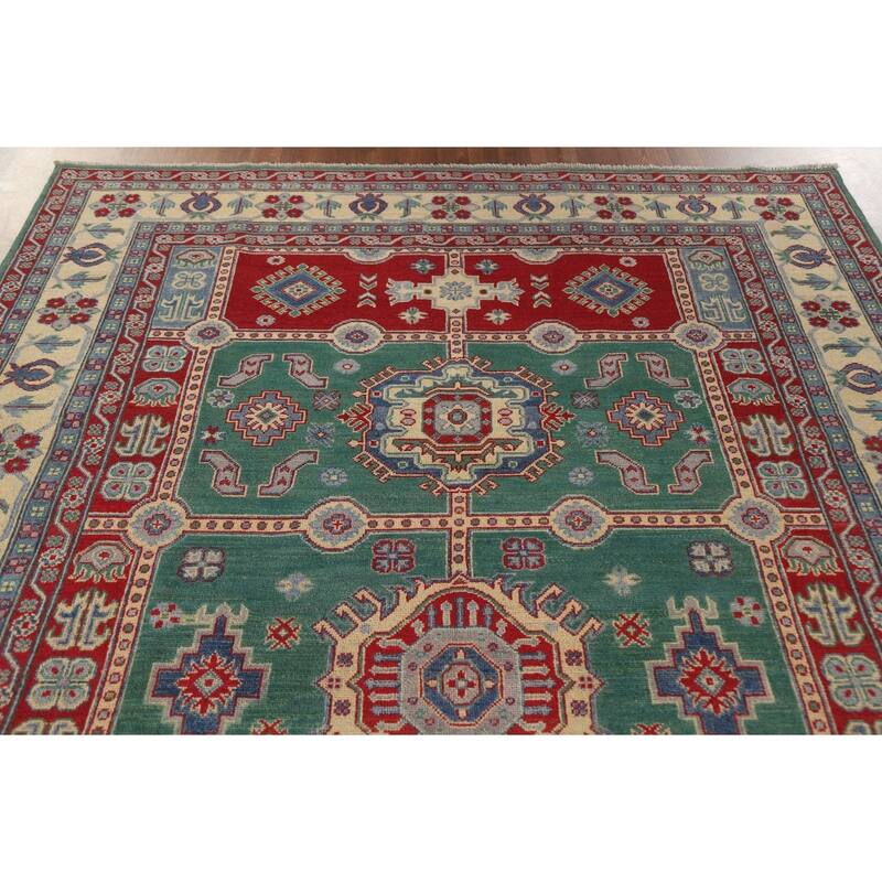 Hand Knotted Oriental 100% Wool Carpet Traditional Geometric Green Kazak Area Rug - 9' 9'' X 6' 7''