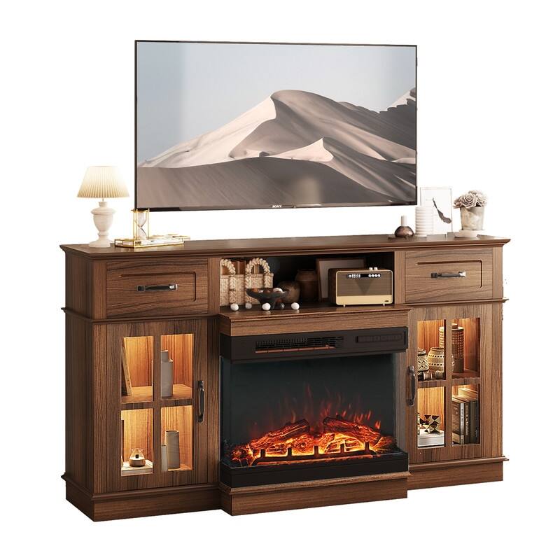 Farmhouse 58'' TV Stand For Tvs Up To 70'' With Electric Fireplace and Adjustable Shelves with Glass Door