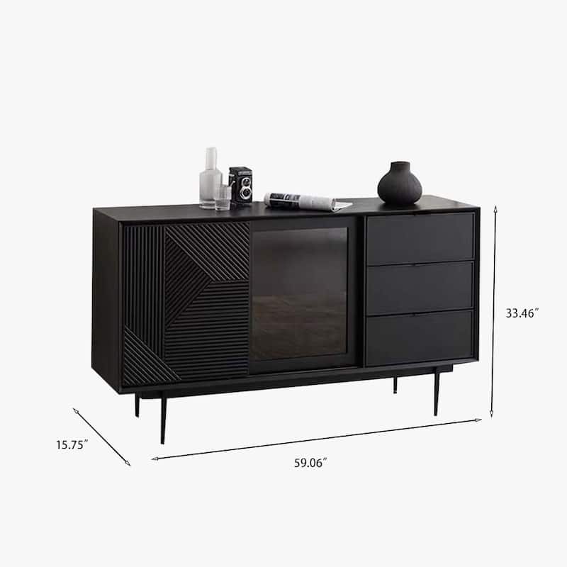 59.06" Mid Century Modern Black Sideboard Buffet with Tempered Glass,Geometric Pattern Design, Metal Legs, Assemble Needed