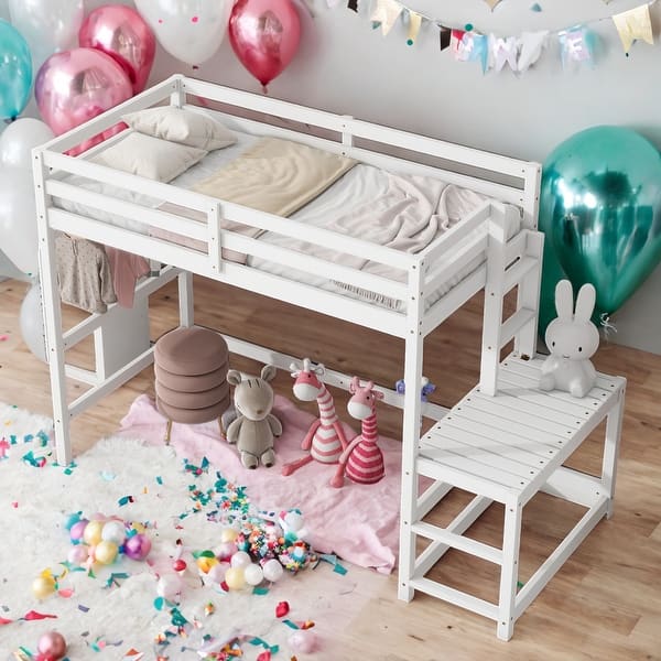 slide 2 of 9, Twin Size Loft Bed with Ladder landing Platform,Ladders,Guardrails for Home White