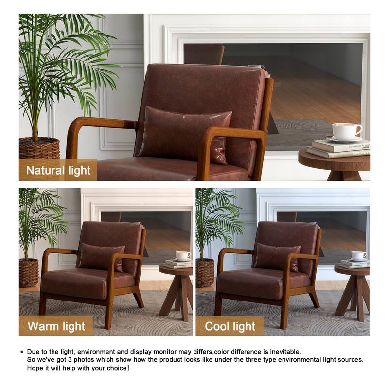 Mid-Century Modern Upholstered Accent Chair with Wood Frame - Brown Wood/PU Leather - Coffee/PU/Brown Wood