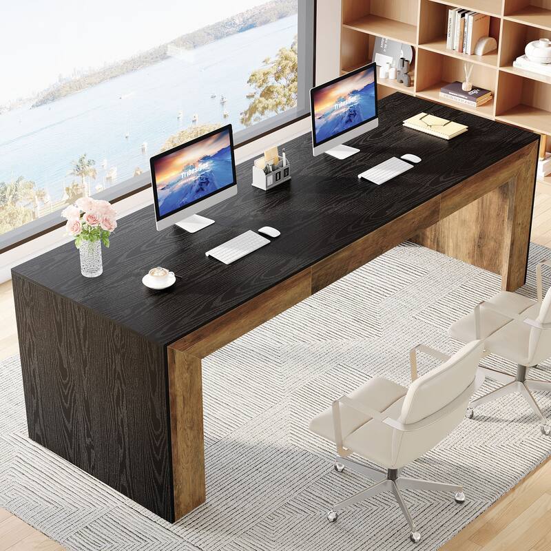 78.7" Long Computer Desk, Wood Executive Workstation, Home Office Writing Gaming Table Accent Desk - Black+Brown