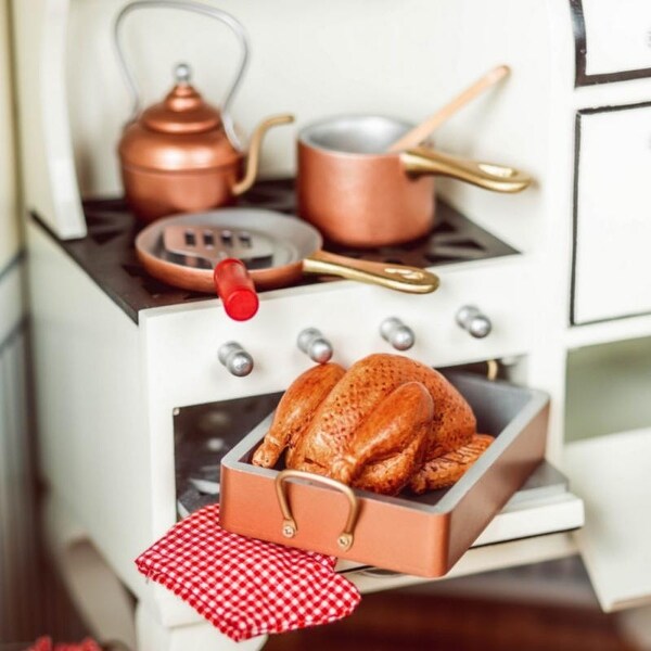 Copper Look Pots & Pans Kitchen Accessory Sized For 18 Inch American Girl Dolls. Opens flyout.