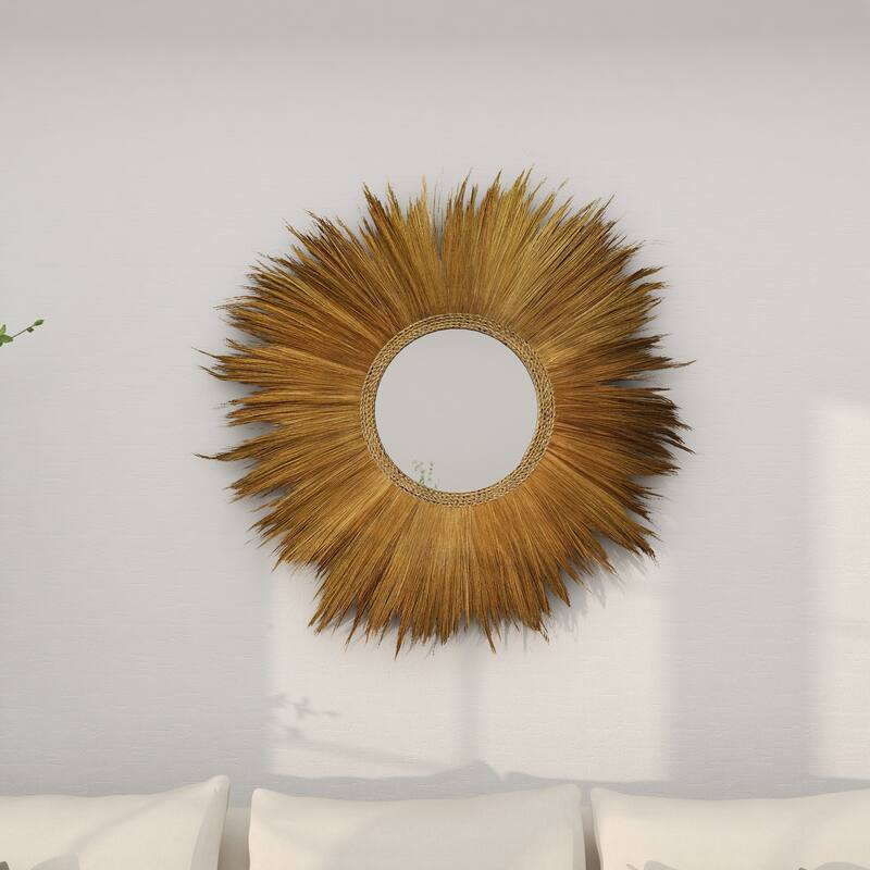 Brown Dried Plant Tribal Inspired Sunburst Grass Room Wall Mirror with Coiled Rope Center - 45 x 2 x 45Round