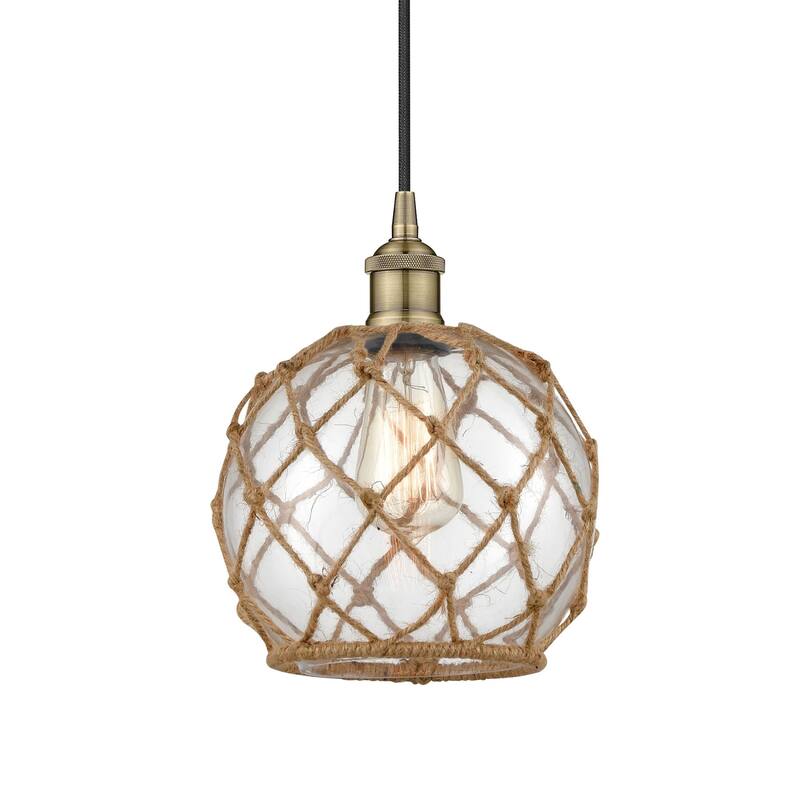 Innovations Lighting 616-1P-11-8 Farmhouse Pendant Farmhouse 8" Wide - Antique Brass / Clear Glass with Brown Rope