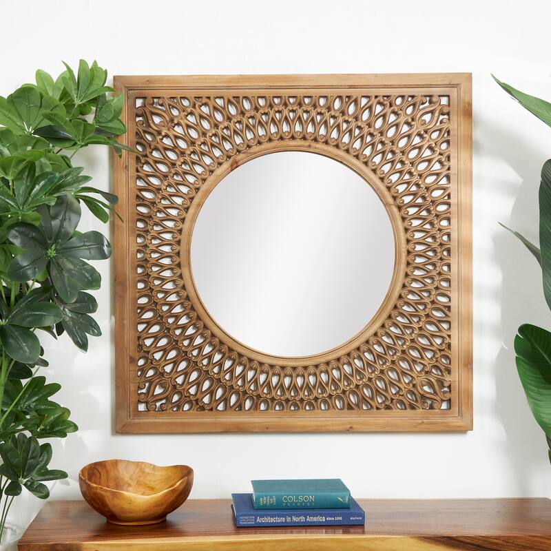 Brown Wood Room Wall Mirror with Carved Scroll Pattern - Brown