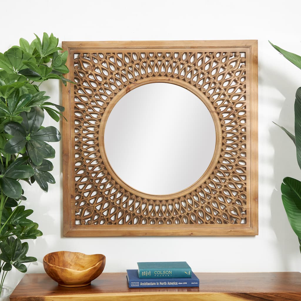 Brown Wood Room Wall Mirror with Carved Scroll Pattern