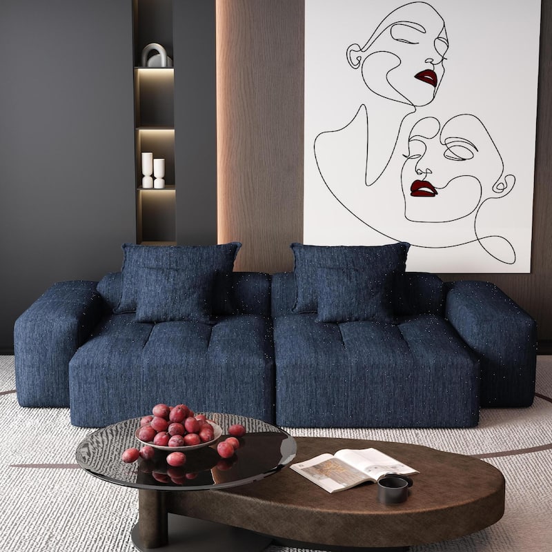 Modern Oversized Modular Sectional Sofa with 2 chaise lounge and 2 armrest,Sparkling Chenille Fabric Soft Cushion Sofa - Blue