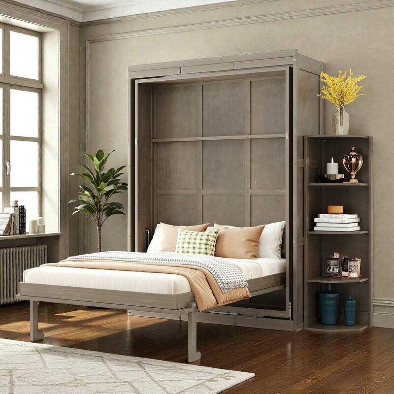 Queen Rotating Murphy Bed with Desk, Dual 3-Tier Side Shelves, Hidden Wall Cabinet, Space-Saving Wall Bed